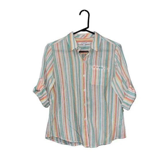 Foxcroft NYC Anthropologie Women's Striped Button-Up Blouse Size 10P Linen Top - Picture 1 of 3